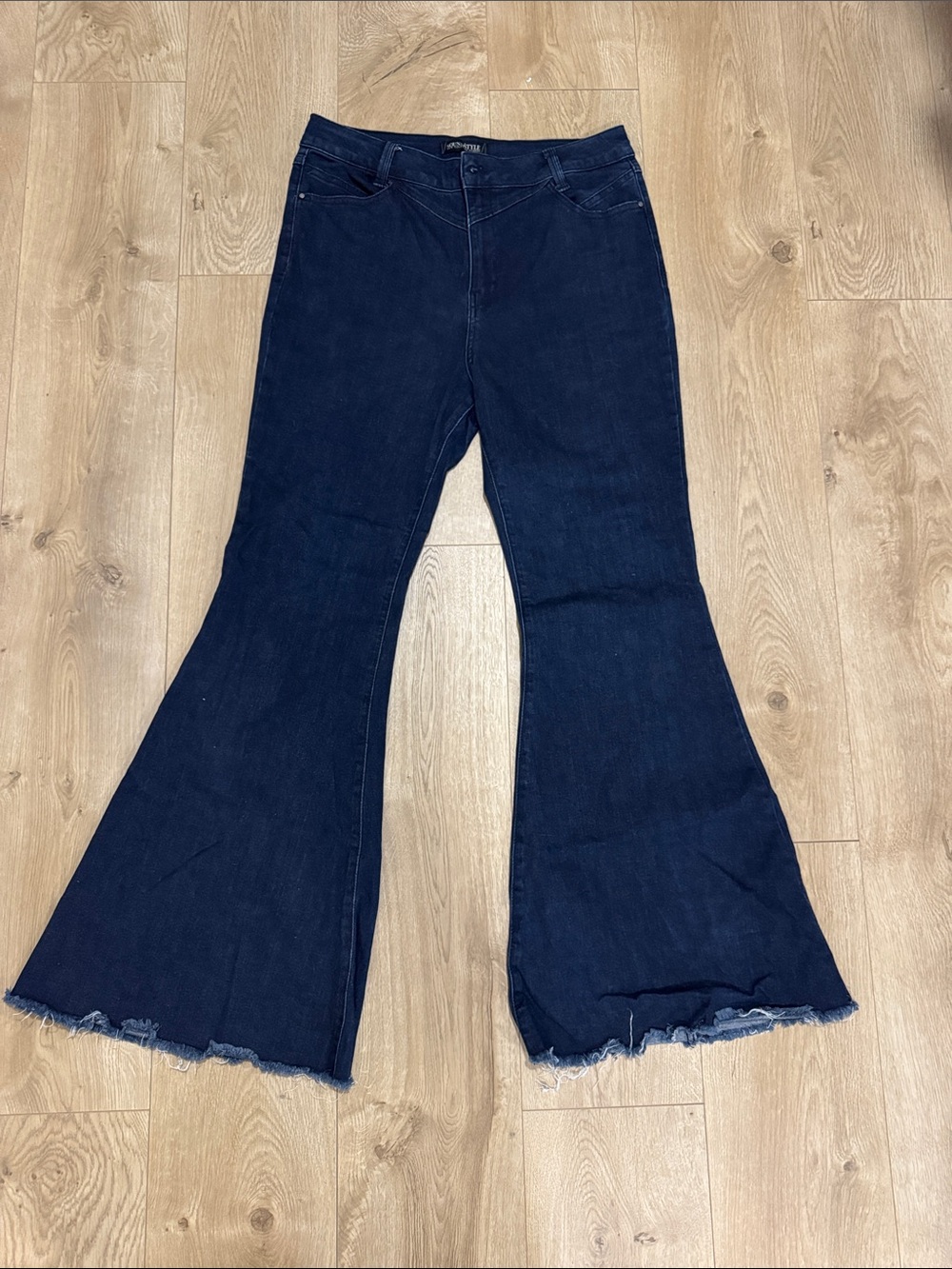 High-Rise Dark Indigo Flare Jeans with Raw Hem